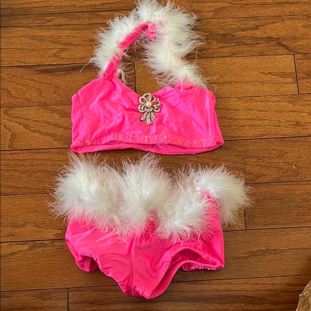 Pink and White Dance Costume with Fluffy Trim